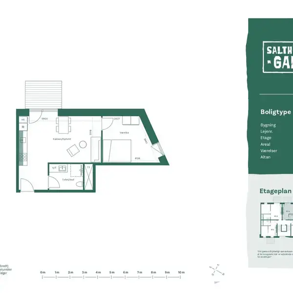 Gulvplan viser en lejlighed med en stue, køkken, badeværelse og altan. Tekst: "Saltholmsgade," "Boligtype B 1.3," "Bygning: B1," "Etage: 5/6," "Areal: 56 m²," "Værelser: 2," "Altan: 5 m²," "Etageplan."