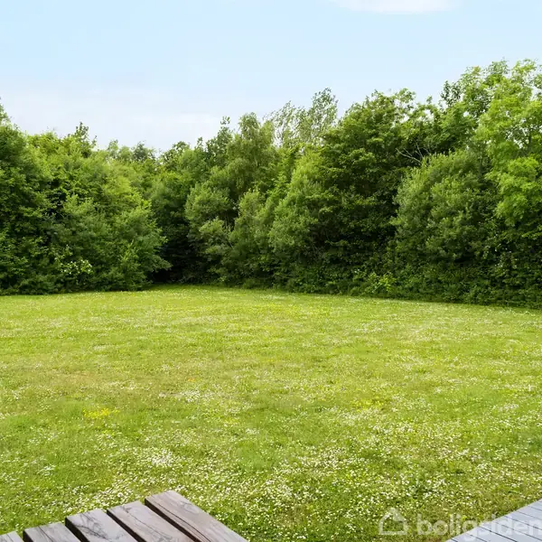 Græsplæne strækker sig ud mod en tæt række af grønne træer og buske. I forgrunden ses en træterrasse som del af omgivelserne. Himmel er blå og klar.