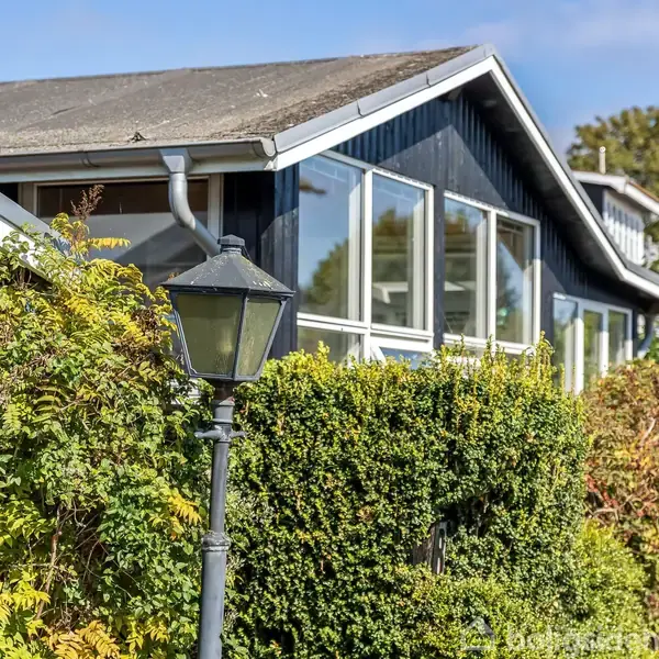 Sort hus med store vinduer, omgivet af grønne buske og klatreplanter. En gammel gadelygte står foran huset, mens afløbsrør og klar blå himmel suppleres af træer i baggrunden.