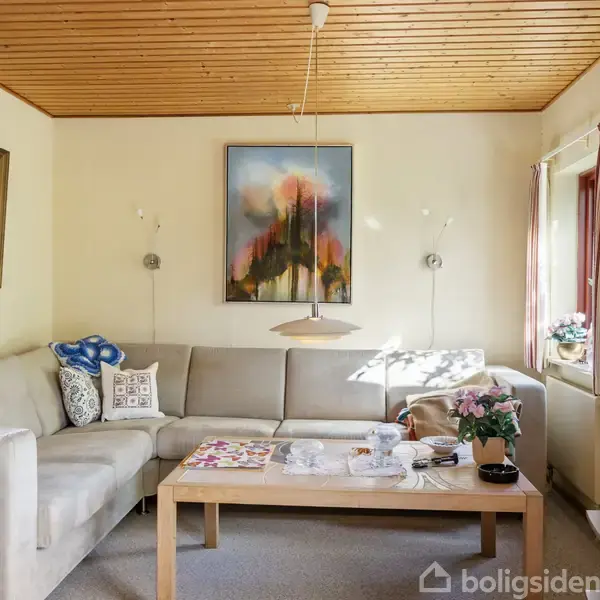 Grå hjørnesofa med tæppe og puder står i stue. Sofabord med blomster og magasiner foran. Vægmalerier hænger på væggen. Vindue med gardin og planter ved siden.