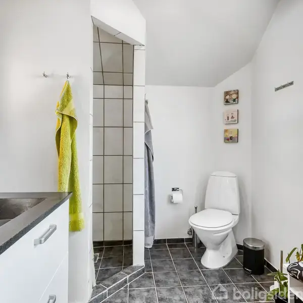 Et moderne badeværelse viser en hvid håndvask med spejl, gulvstående toilet og bruseniche. Væggene er hvide, gulvet mørkt, og håndklæder hænger på kroge. Små dekorationer hænger på væggen.