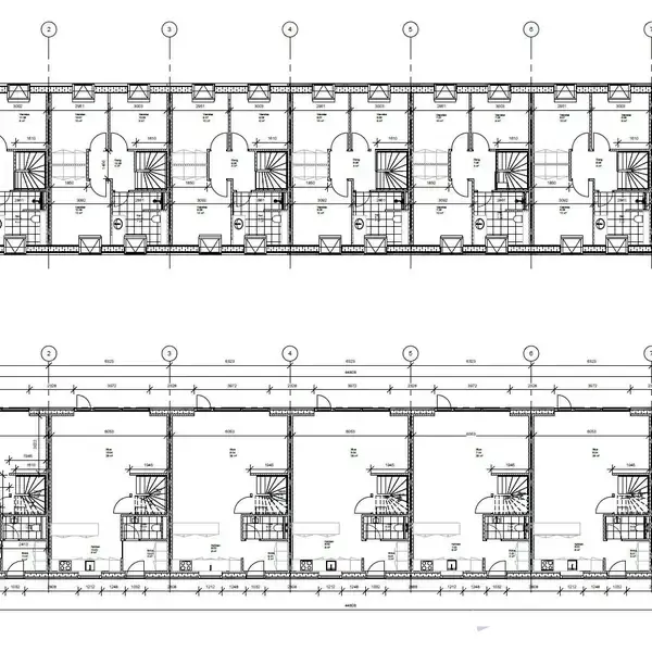 Arkitekttegning viser to etager af rækkehuse med hver en central trappeforsyning. Overetagen har soveværelser og badeværelser, mens stueetagen viser køkken og opholdsrum.