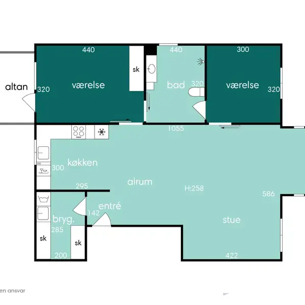 Plantegning viser en lejlighed med to værelser, et badeværelse, køkken, alrum og stue, samt altan. Tekst inkluderer: altan, værelse, bad, køkken, alrum, stue, bryg., entré, vejledende tegning uden ansvar.