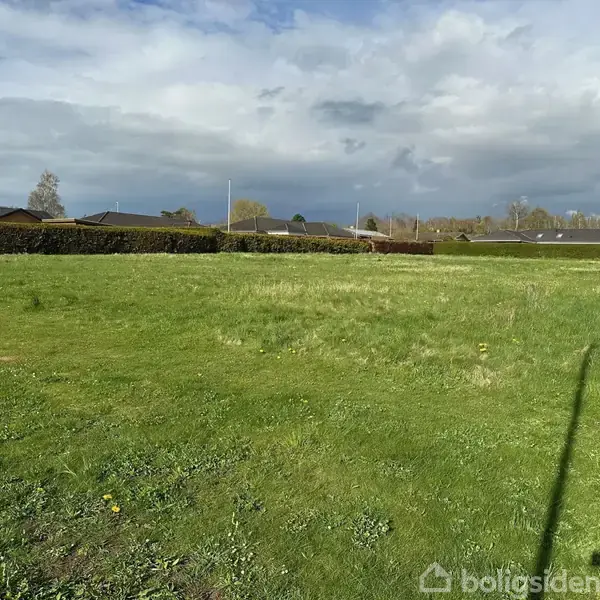 Græsmark uden handling omgivet af hække og træer under en overskyet himmel. En enkelt lygtepæl kaster en skygge på jorden.