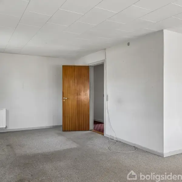 Et tomt værelse med tæppebelagt gulv, en radiator under et vindue med gardiner, en åben trædør til en anden indendørs gang og et kabel på gulvet.