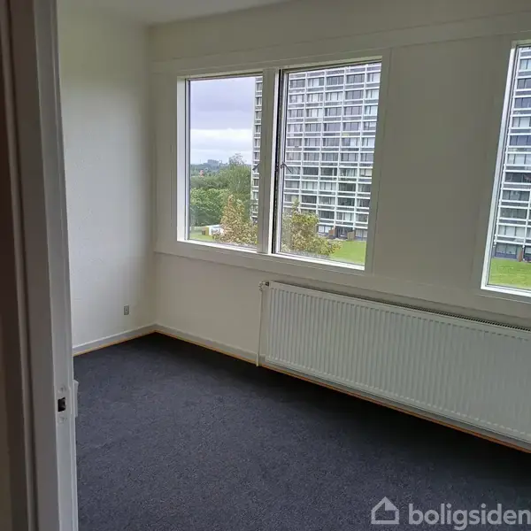 Et tomt værelse med gråt gulvtæppe og en hvid radiator under tre store vinduer. Udsigten viser en græsplæne og andre lejlighedsbygninger i baggrunden.