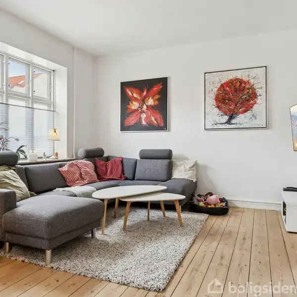 Gråt sofahjørne med farverige puder står i et lyst stuehjørne. På væggen hænger to kunstværker. Et træbord står på et tæppe, og et tv er på højre side.