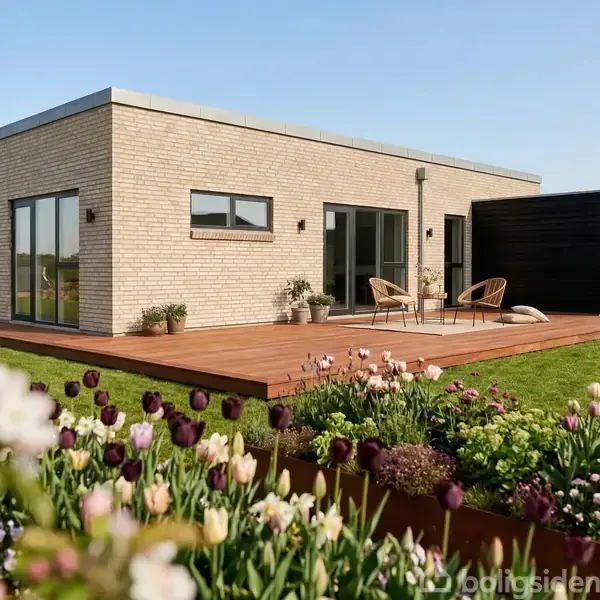 En moderne, enkel etplans murstensvilla med træterrasse, to udendørs stole og et skur. Farverige blomster og velplejet græsplæne omgiver huset under en klar blå himmel.
