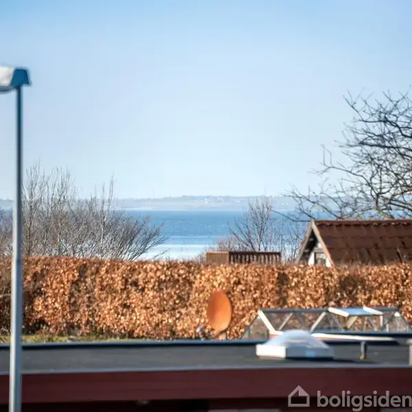 Gadelampe står foran en hæk, mens et lille hus ses i baggrunden nær havet. Bladløse træer omkranser området under en klar, blå himmel.
