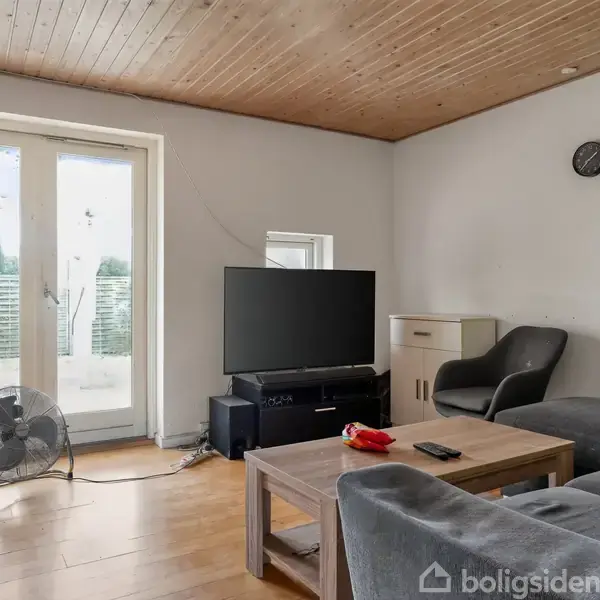 En stue med en grå sofa og et sofabord. Et TV står på et møbel ved siden af en ventilator. Trægulv og træloft. En dør fører ud til en terrasse.