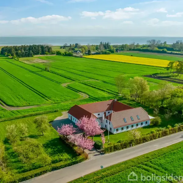 Et hvidt hus med rødt tag står omgivet af grønne marker og blomstrende træer. I baggrunden ses en vej, flere marker og en sø eller havet i horisonten.