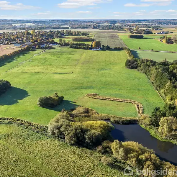 Landskab med grønne marker og træer, en lille dam i forgrunden. I baggrunden ses en landsby med huse omgivet af skov og marker under en blå himmel.