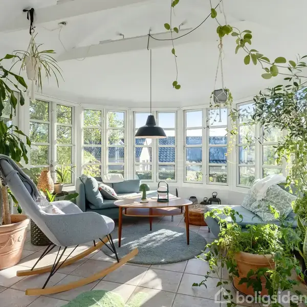 Stue med en blå gyngestol og grøn sofa omkring et rundt træbord. Store vinduer skaber et lyst rum med mange potteplanter. Hængelampe over bordet og grønne puder.