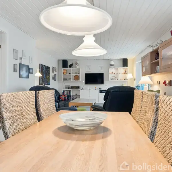 Et spisebord med fletstole står i en lys stue med lamper hængende over. Rummet har en reol, en sofa og et fjernsyn.