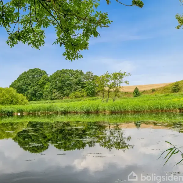 Døren i træ står lukket, omgivet af hvidmalede vægge og et trægulv i en lys entré med synlige bjælker i loftet. Sollys strømmer ind gennem vinduerne.
