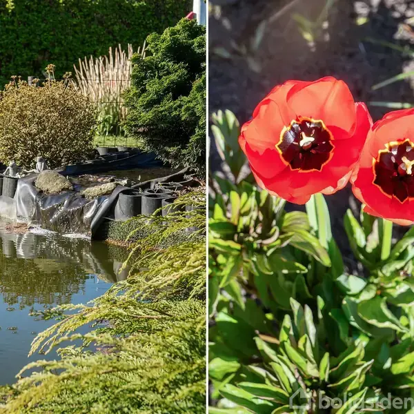 To billeder: Venstre viser en have med vandfald og dam omgivet af buske, højre viser to røde blomster på grønne blade. En bænk står i baggrunden ved dammen.