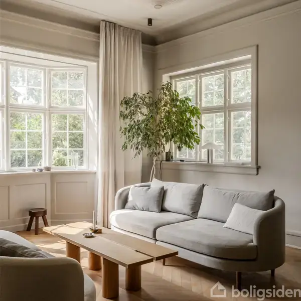 En grå sofa står i en lys stue med store vinduer. Ved siden af sofaen er en grøn plante. Et lavt træbord står foran sofaen med små genstande.