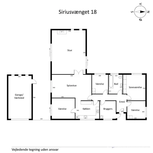 Plantegning viser en bolig med fem værelser: stue, spisestue, køkken, entré, badeværelse, og tre værelser. Til venstre er garage/værksted. Mål: garage (370x740), stue (630x510), spisestue (650x360).