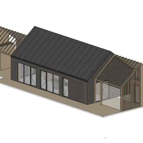 En moderne bygning med sorte paneler og glastag vises i et arkitektonisk 3D-design. Bygningen har en central hoveddel og to fløje, understreget af trækonstruktioner.