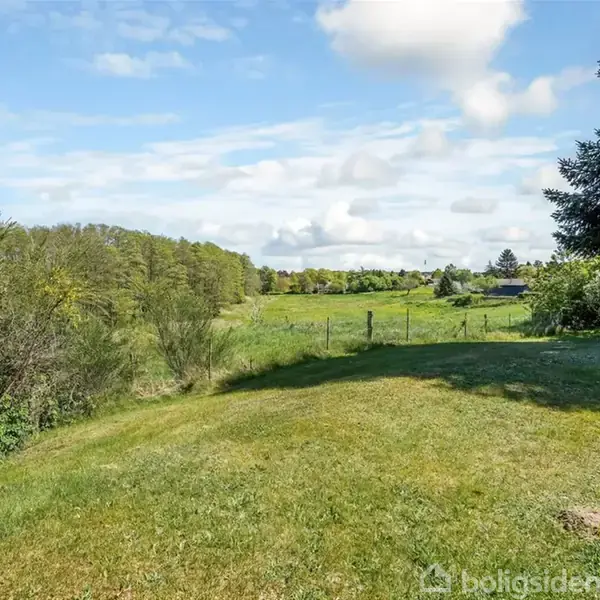 Græsplæne strækker sig mod en horisont dækket af træer og buske. Sollys skinner i et åbent landskab med blå himmel og spredte skyer. Ingen tekst fundet.