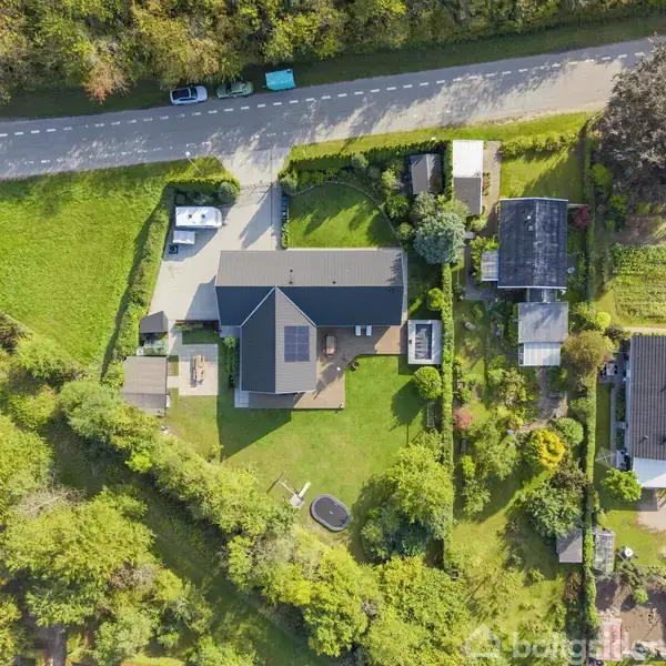 En moderne villa med solpaneler på taget står i en frodig have med en trampolin. Ved siden af ligger en asfalteret vej med parkerede biler samt omgivende grønne områder.