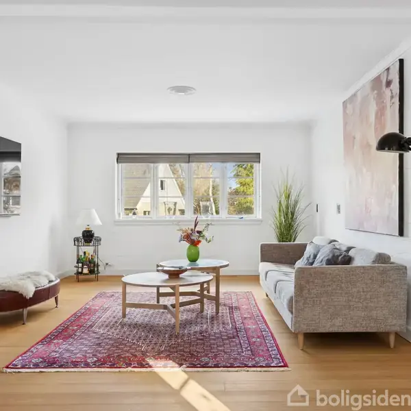 Sofa står i en lys stue med trægulv, flankeret af en gulvlampe og planter. Et farverigt tæppe ligger under sofabordet, mens et fjernsyn hænger på væggen.