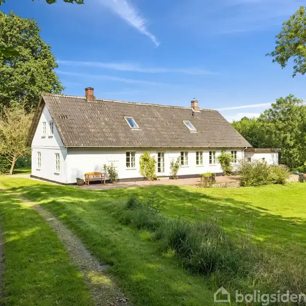 Et hvidt hus med skråt tag står i en grøn have omgivet af træer. En grusvej løber op mod husets indgang på en solrig dag.