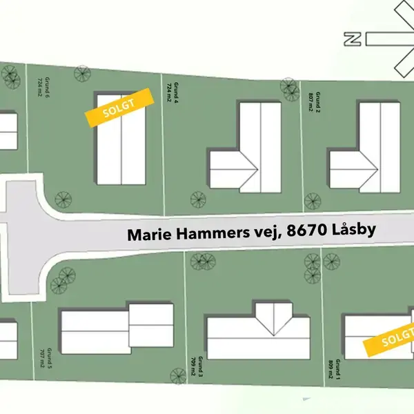 Kort over boligområde viser seks parceller med huse, hvoraf fire er markeret som "SOLGT." Parcellerne er organiseret langs Marie Hammers vej, 8670 Låsby. Nørregade er til højre.