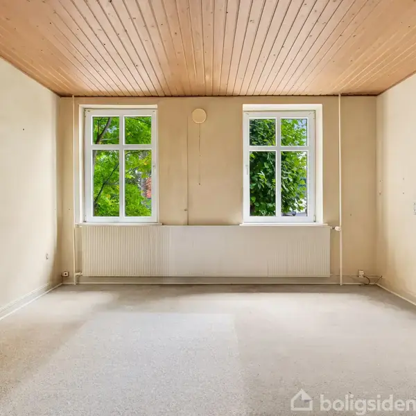 Et rummeligt, tomt værelse med beige vægge og et lysebrunt træloft. To store vinduer viser grønne træer udenfor. En åben trædør står til højre, tæppebelagt gulv.