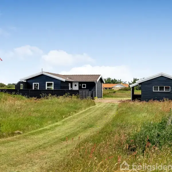 Sort sommerhus med græsbeklædt indkørsel og lille skur. Huset har en dansk flagstang ved siden. Det omkringliggende område er fyldt med græs og lav bevoksning.