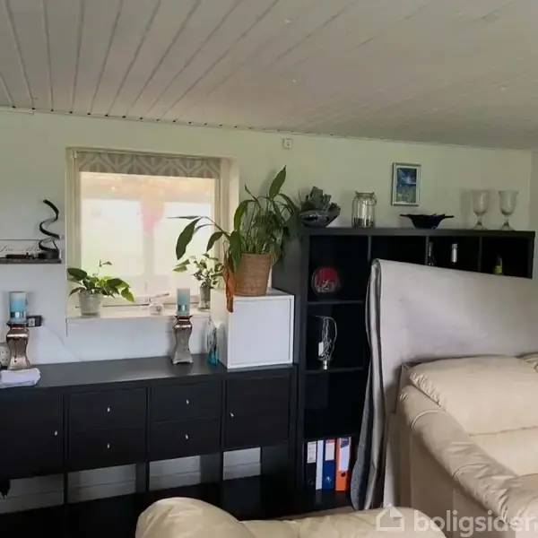 Et beige sofaarrangement med puder står i en stue. Ved siden af er der en reol med mapper, planter og dekorative genstande. Vinduet giver naturligt lys og viser udendørsplanter.