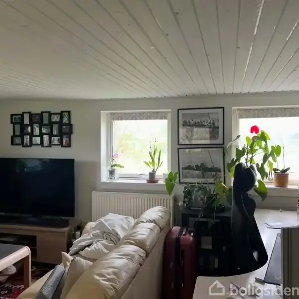 Stue med lys sofa mod en væg, fladskærms-TV på TV-bord, og to vinduer med planter og billeder. På bordet står en lampe og flere papirer.