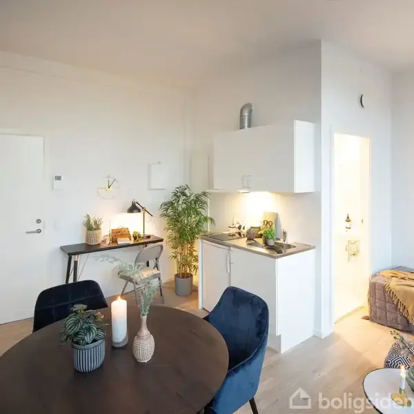 Rundt spisebord med stole står i en lys stue. Køkkenet i baggrunden er lille og moderne med planter på bordet. En sofa står ved siden af i højre hjørne.