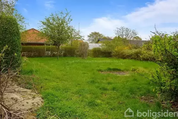 En grøn have med træer og buske omgivet af hække og huse i baggrunden under en blå himmel.