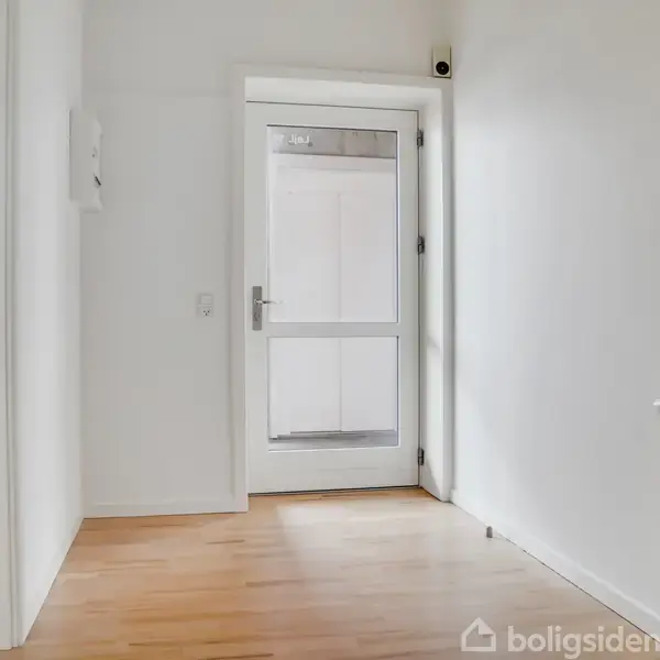 Dør med glasrude står åben i en lyse hvid gang. Trægulv dækker gulvet, og en radiator er placeret til højre. Et andet rum skimtes til venstre.