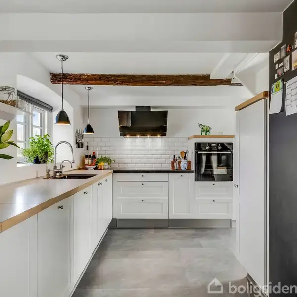 Et rummeligt, lyst stueområde med brændeovn i funktion. Der er et spisebord med sorte stole i forgrunden, sofagruppe bagved, og planter omkring. Store vinduer lukker naturligt lys ind.