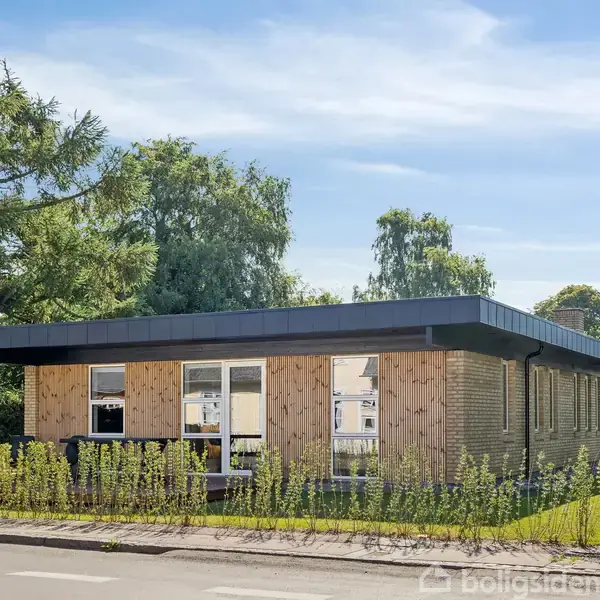 En enkeltstående moderne bygning med fladt tag, omgivet af græs og buske, står ved en vej. Bygningen har store vinduer, og der er træer i baggrunden under en blå himmel.