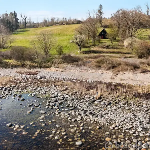 To små huse står i en frodig, grøn eng, omgivet af træer og buske. Bag husene ses en let skrånende bakke. Foran er en stenet badestrand ud til vandet.