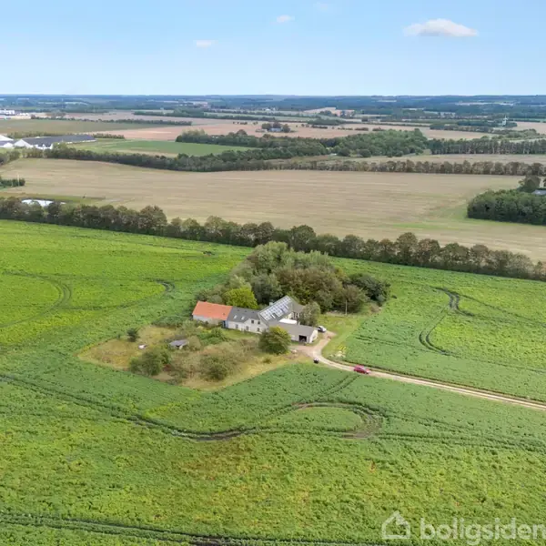 En gård ligger midt i et stort grønt landskab omgivet af marker under en åben himmel. En grusvej fører til bygningerne med rødt og gråt tag.