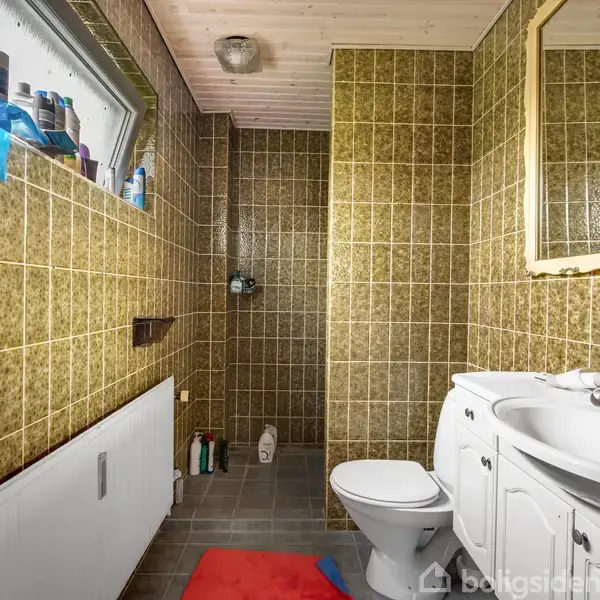 Badeværelse med toilet og håndvask i forgrunden. Bruseområdet i baggrunden. Kakler i grønbrun farve på væggene. Vindue til venstre med flasker. Rød måtte på gulvet.