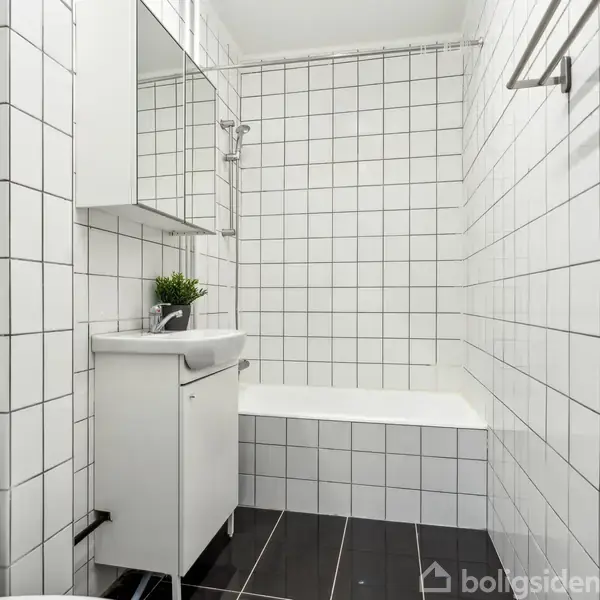 Et enkelt badeværelse med hvide fliser på væggene og mørke fliser på gulvet. Badekar ved væggen, en vask med spejlskab ovenover, og en plante står på vasken.
