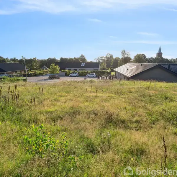 Græsmark ligger stille i forgrunden med enkelte vilde planter. I baggrunden ses huse og parkerede biler på en solrig dag, samt en kirke med et tårn.