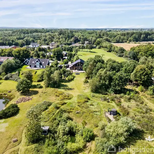 Luftfoto af et landskab med en række huse omgivet af træer og grønne områder. I forgrunden er der en lille sø og vilde planter. I baggrunden strækker skov og marker sig.