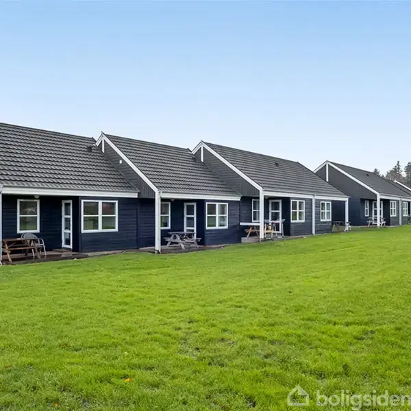 Rækkehuse med sort træfacade står på en række ved siden af hinanden. I forgrunden ses en stor, grøn græsplæne. Himlens blå farve antyder klart vejr.