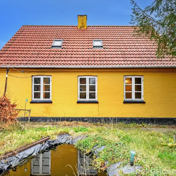 Gult hus med rødt tegltag, nummer 41. Huset har tre vinduer og en lille dam foran. Græsplæne og buske omgiver det, mens en blå himmel ses i baggrunden.