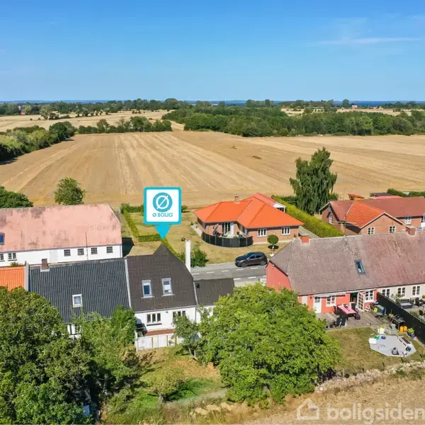 Huse står langs en vej med skiftende tagfarver; bag dem breder åbne marker sig. Et skilt fra "Realmæglerne" er placeret over et af husene.