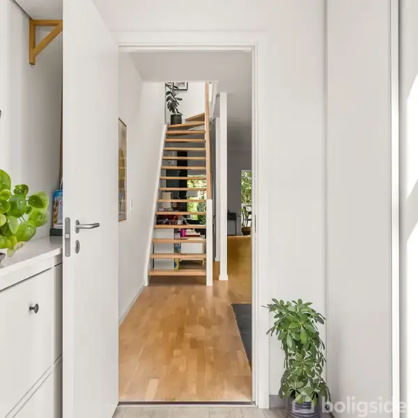 Trappeopgang i hvidt, moderne rum med trægulv; grønne planter står ved indgangen og på trappen. Dagslys skinner ind fra vinduerne i baggrunden. Ingen tekst fundet.