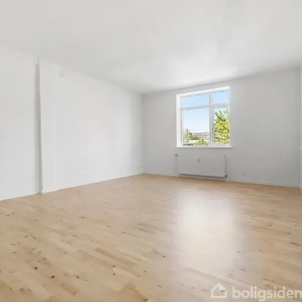 Et tomt værelse med trægulv står stille. En vindue med udsigt til træer lyser rummet op. Væggene er hvide, og der er et radiator under vinduet.