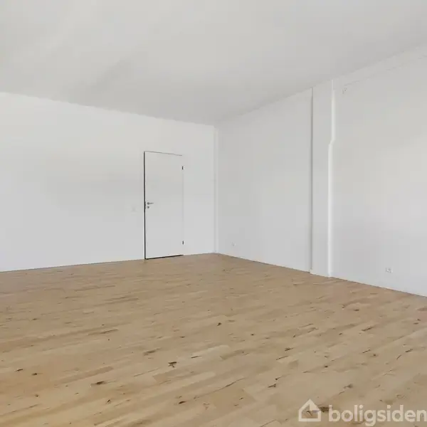 Et tomt værelse med en træparketgulv er tomt for møbler. Døren er hvid og placeret i venstre væg. Rummet har hvide vægge og loft.