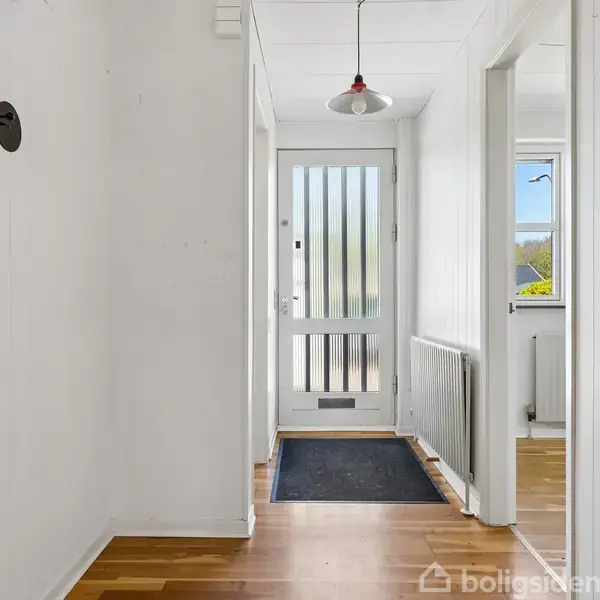 Entré med trægulv fører til hvid hoveddør med lodrette glaspaneler. En sort frakkekrog er monteret på venstre væg. Lampe hænger fra loftet, og lys kommer ind fra et vindue til højre.